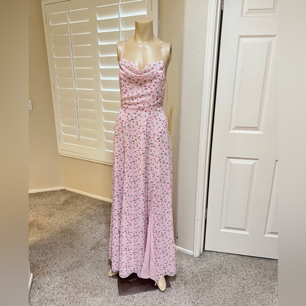 Pink Rose Ditsy Floral Cowl Neck Front Slit Maxi Gown Dress Fairy Size Small‎